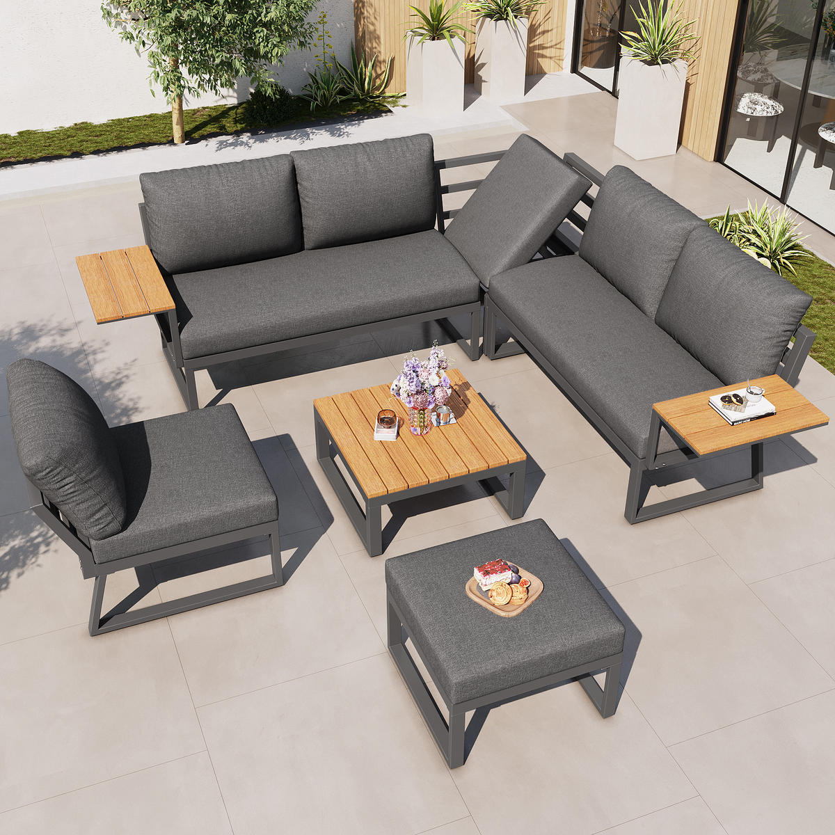 GARTEN-LOUNGE-SET 7-Sitzer mit Eisengestell, Holzarmlehnen & WPC-Tisch, 110/62/75 cm, Grau - Grau, Metall - Redom