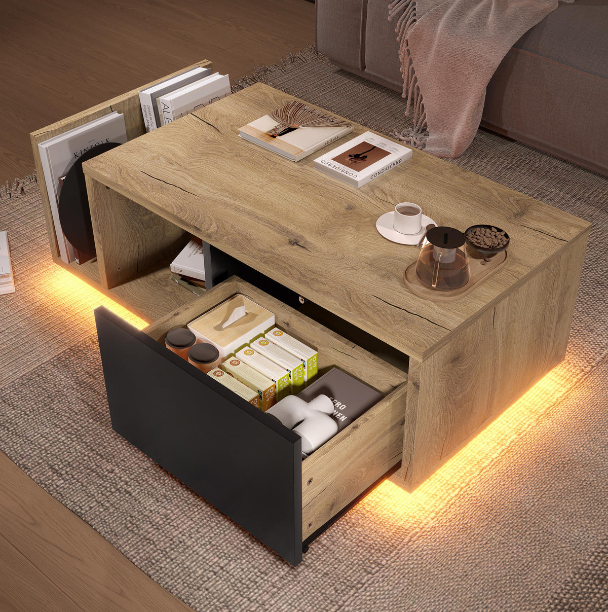 COUCHTISCH aus Holzwerkstoff 99,5x53x38 cm Natur mit LED-Beleuchtung, Schublade und offenem Fach - Naturfarben, Holzwerkstoff (99.5/53/38cm) - IVMEU