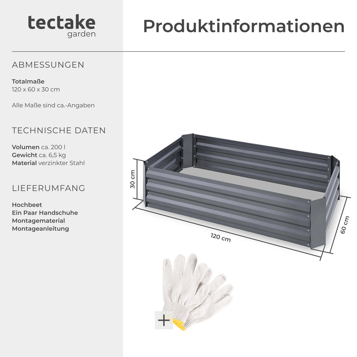 HOCHBEET Pimpinella,120 x 60 x 30 cm,grau - Grau, Metall (60/30/120cm) - tectake