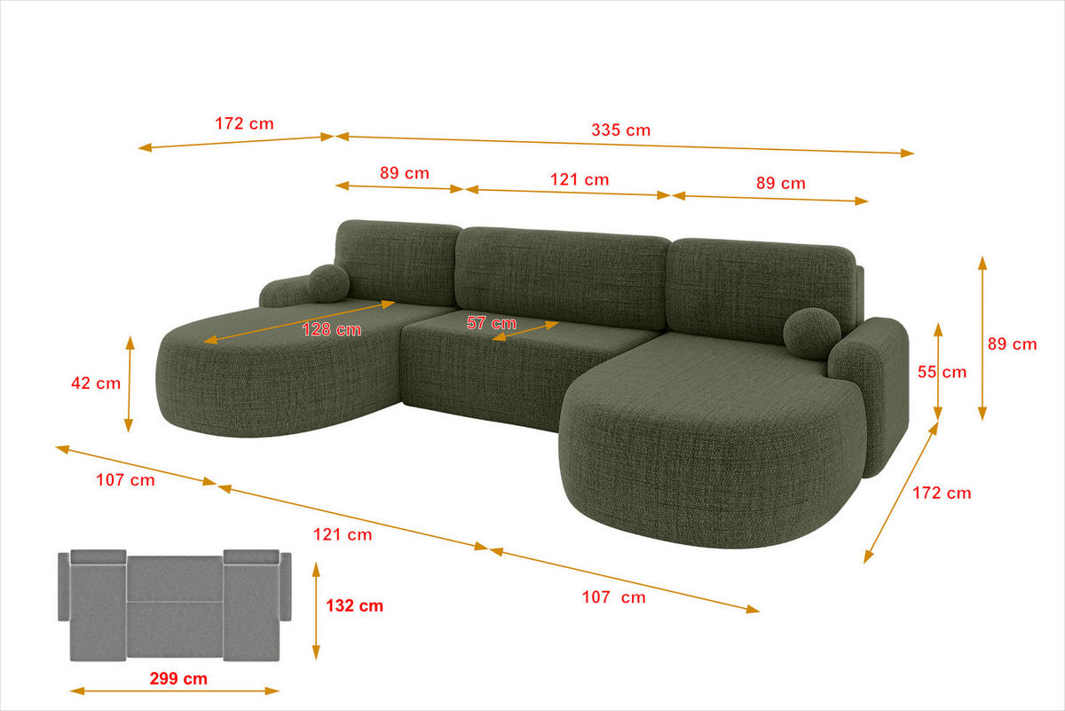 WOHNLANDSCHAFT mit Schlaffunktion und Bettkasten LIRA-U - 335x172x89 Grün - Dunkelgrün, Holzwerkstoff/Textil (335/89/172cm) - ALTDECOR
