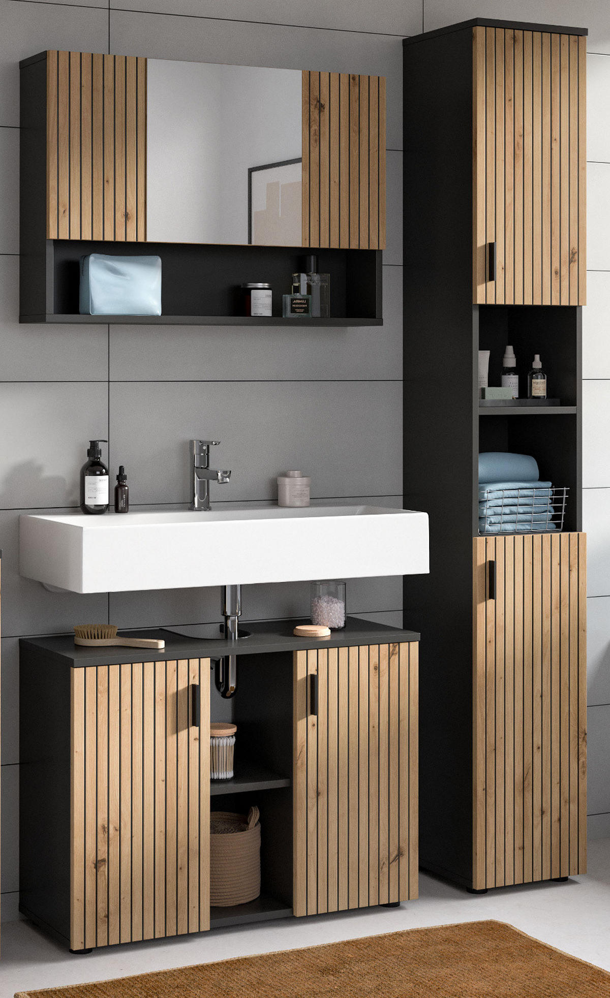 WASCHBECKENUNTERSCHRANK Eiche Artisan, grau 80 cm, Badezimmer Unterschrank mit Rillen-Optik - Schwarz/Eiche Artisan, Holzwerkstoff/Kunststoff (80/59/30cm) - Inn.Furn