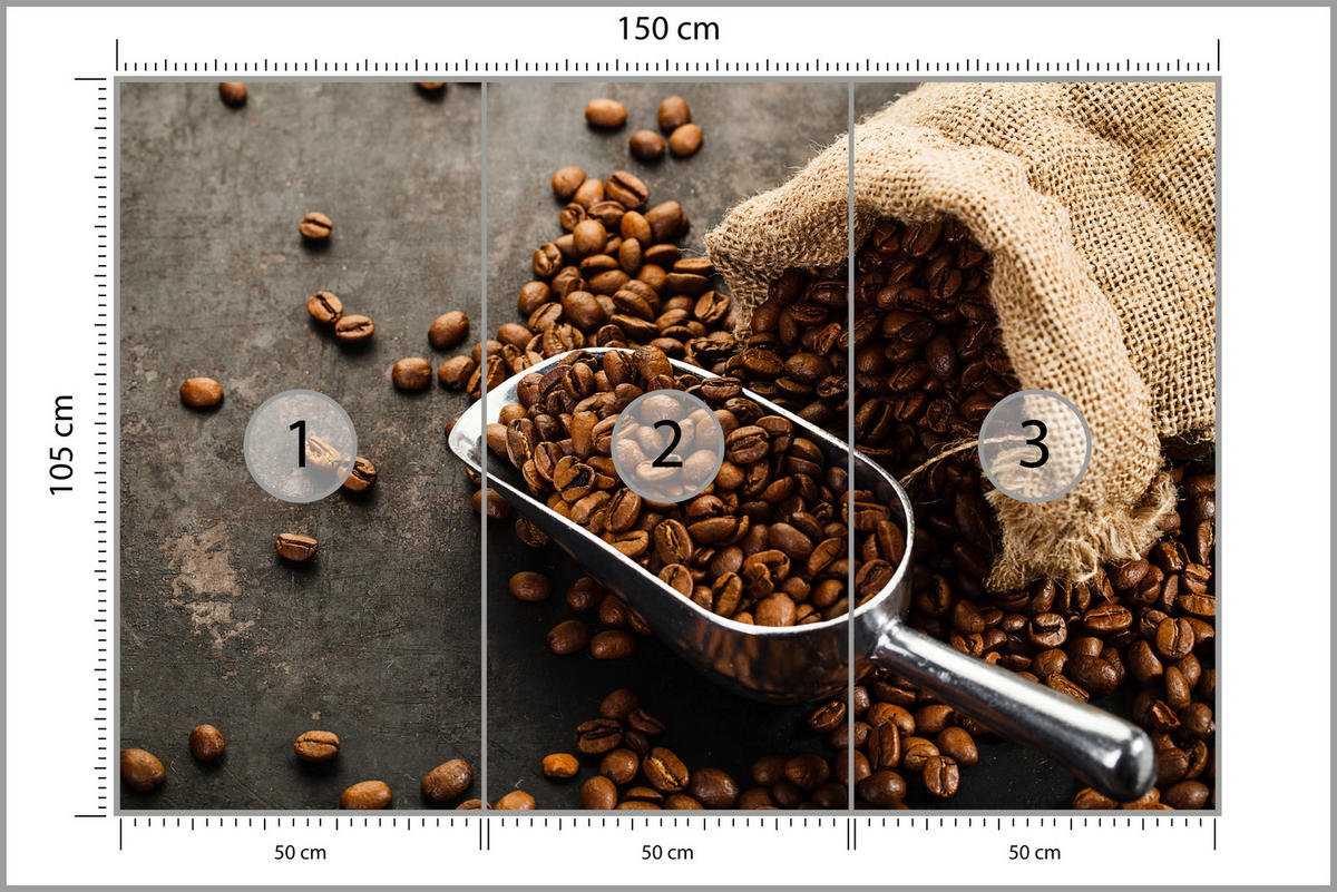 FOTOTAPETE für Küche Beutel mit Kaffeebohnen auf Beton 150x105 - Beige/Schwarz, Papier (150/105cm) - Muralo