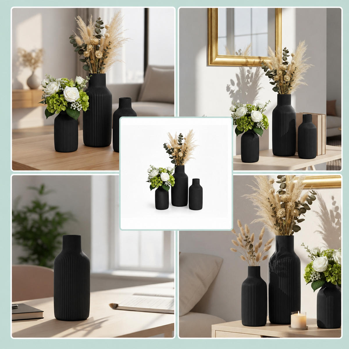 VASER Svarta 3-pack keramik - Svart, Keramik (20cm) - Relaxdays