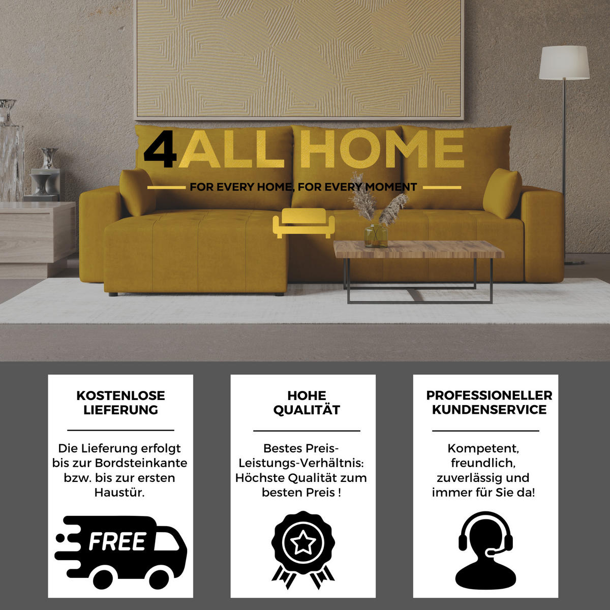 ECKSOFA Tico mit Bettkasten und Schlaffunktion, L-Form/XL-Form, Velourstoff, Universal - Currygelb, Holzwerkstoff (276/145cm) - 4ALL HOME