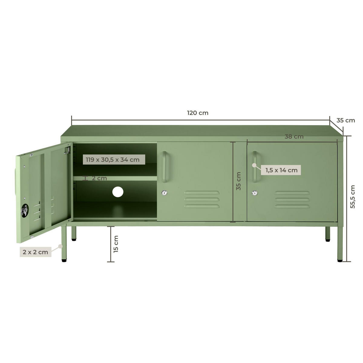 SIDEBOARD Baker, Kippschutz, höhenverstellbare Füße, salbeigrün - Salbeigrün, Metall (120/55.5/37.5cm) - tectake