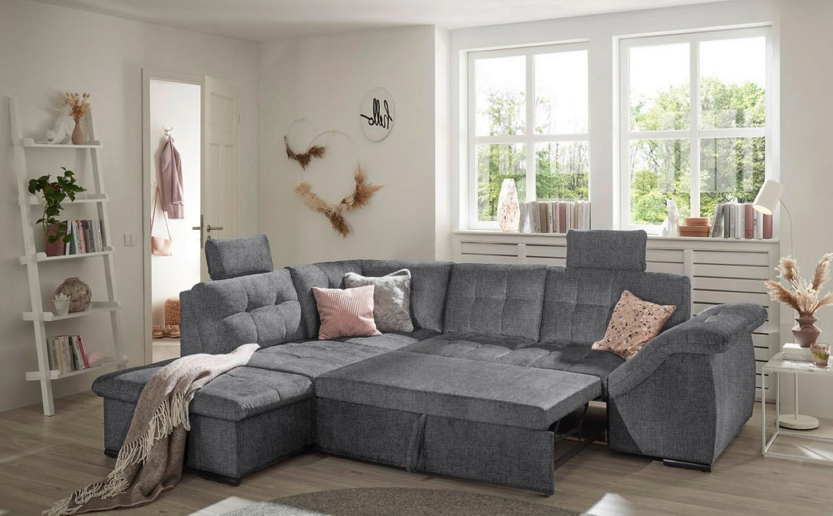 ECKSOFA mit Schlaffunktion und Bettkasten, verstellbare Armlehnen - Anthrazit, Textil (217/283cm) - ed exciting design