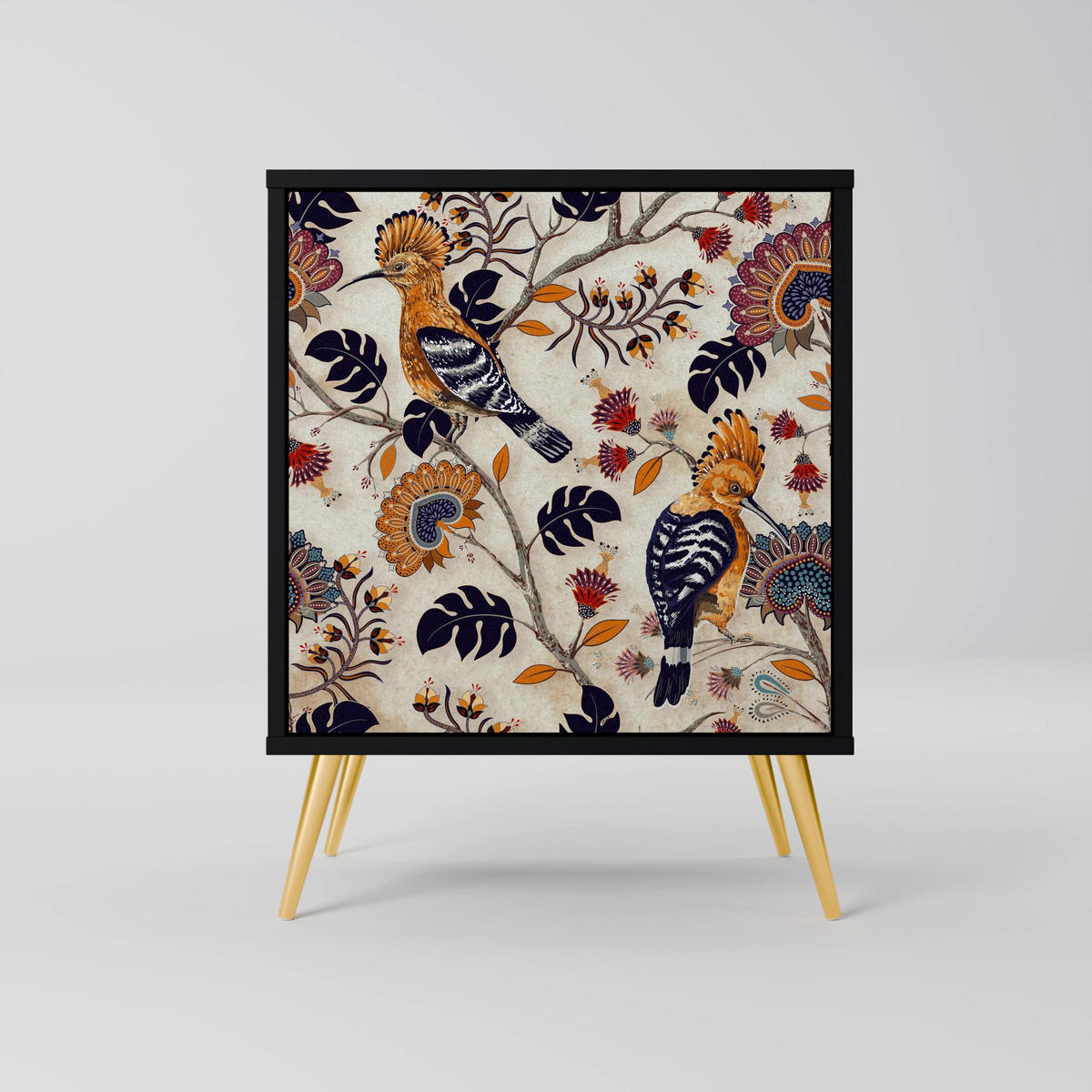 SIDEBOARD EMINENT HOOPOE, Schwarz, 57,5x42x75,5 cm, Goldfarbene Metallfüße - Goldfarben/Multicolor, Holzwerkstoff/Metall (57.5/75.5/42cm) - SpaceRebels