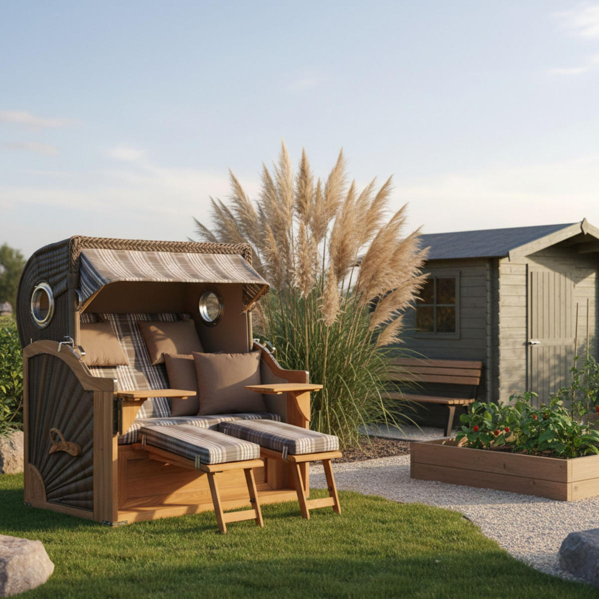 STRANDKORB Baltikum Teak 2,5 Sitzer - Braun/Grau, Holz/Metall (142/170/95cm) - Mr. Deko