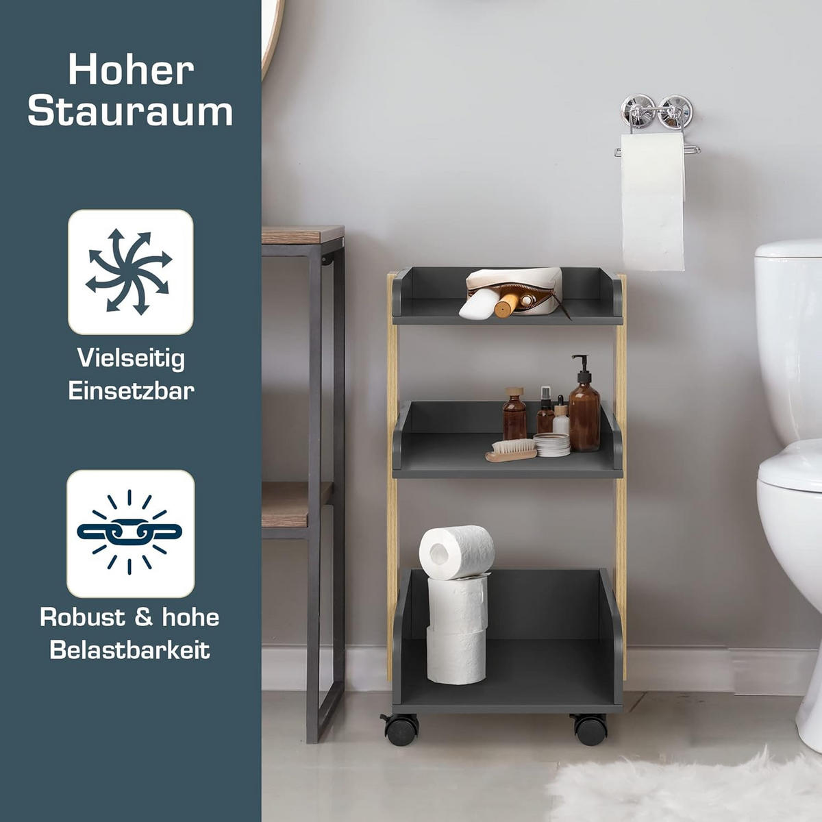 ROLLWAGEN Bosse Anthrazit-Eiche - Anthrazit/Multicolor, Holz/Holzwerkstoff (32/69/35cm) - BoMoe