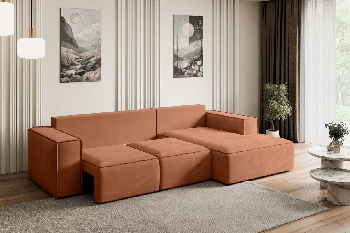 ECKSOFA mit Schlaffunktion und Bettkasten SERRA-L-S - 266x161x87 cm Apricot Velours - Koralle/Schwarz, Holzwerkstoff/Kunststoff (266/161cm) - ALTDECOR