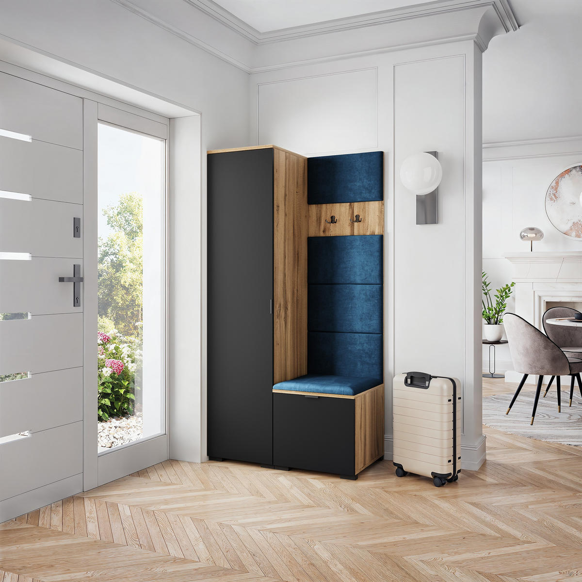 GARDEROBENSCHRANK LORI 95/181/51 cm Modern Garderobe-Set Eiche Wotan - Blau/Eiche Wotan, Holzwerkstoff (95/181/51cm) - MASSENO