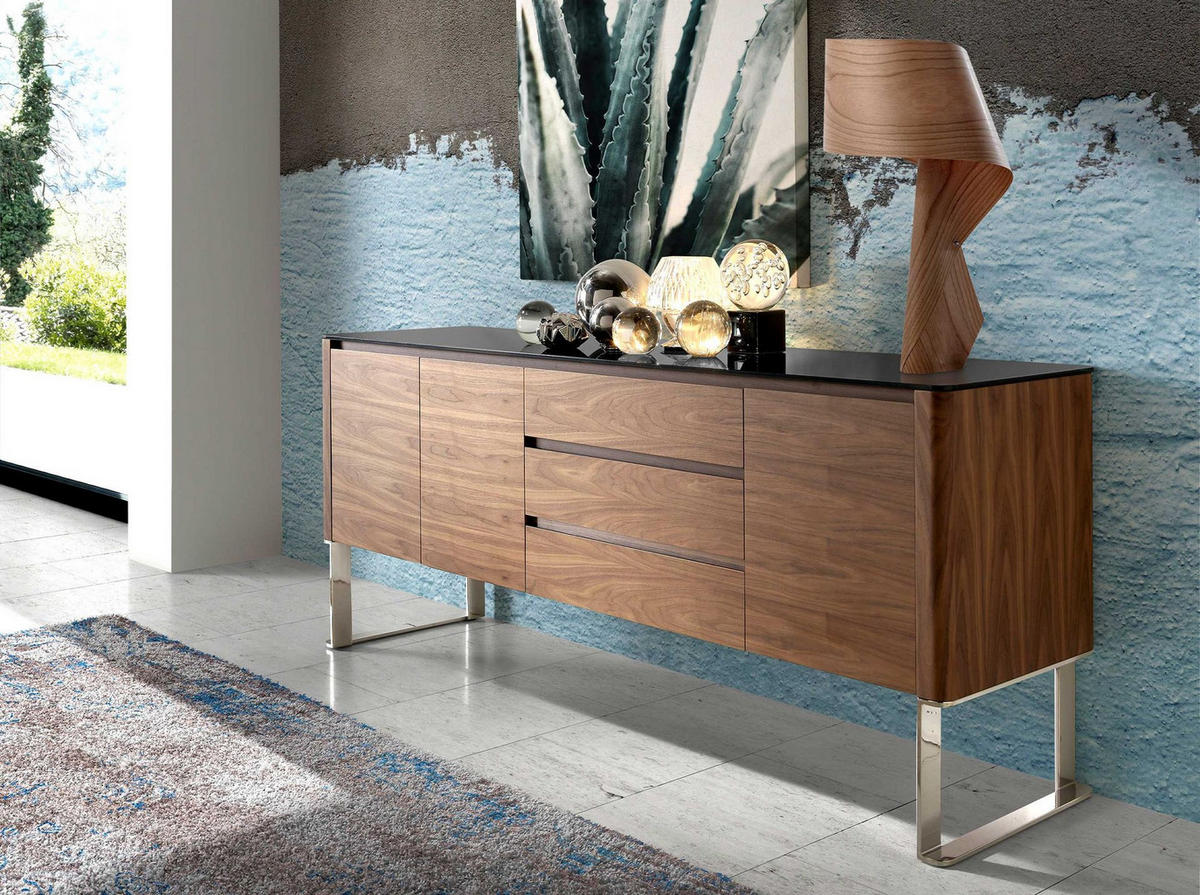 SIDEBOARD Sideboard Nussbaum, verchromter Stahl und schwarze Glasplatte 200/50/81 cm - Walnussfarben/Schwarz, Holz/Metall (200/81/50cm) - ANGEL CERDA