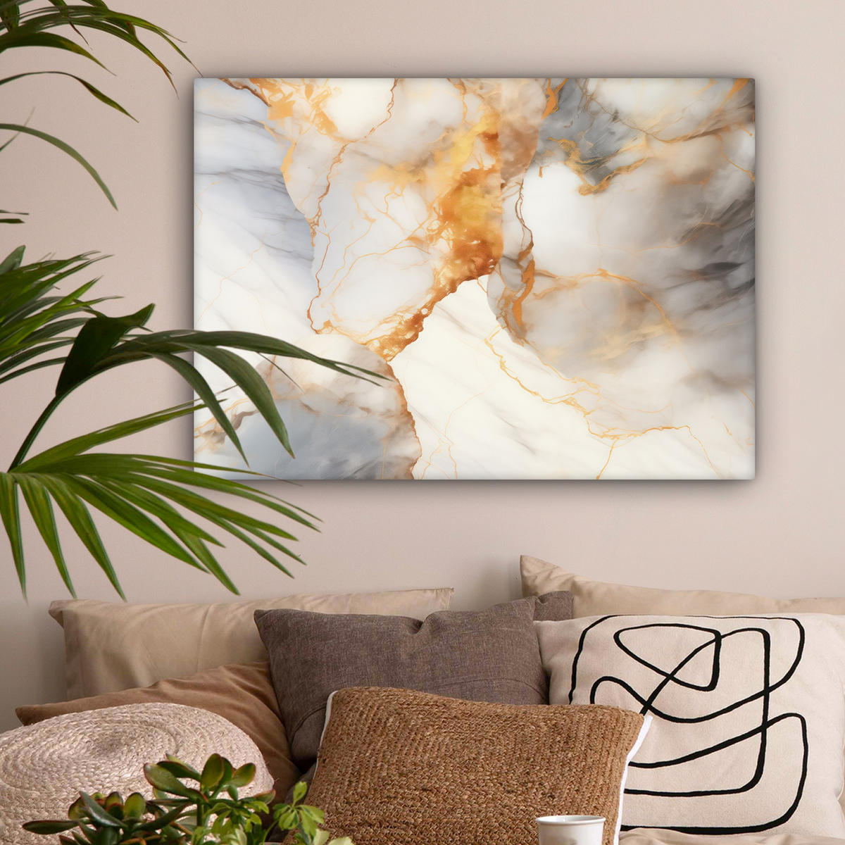 LEINWANDBILD Marmor - Grau - Gold Wandbilder 80x60 cm - Weiß, Textil (80/60cm) - MuchoWow