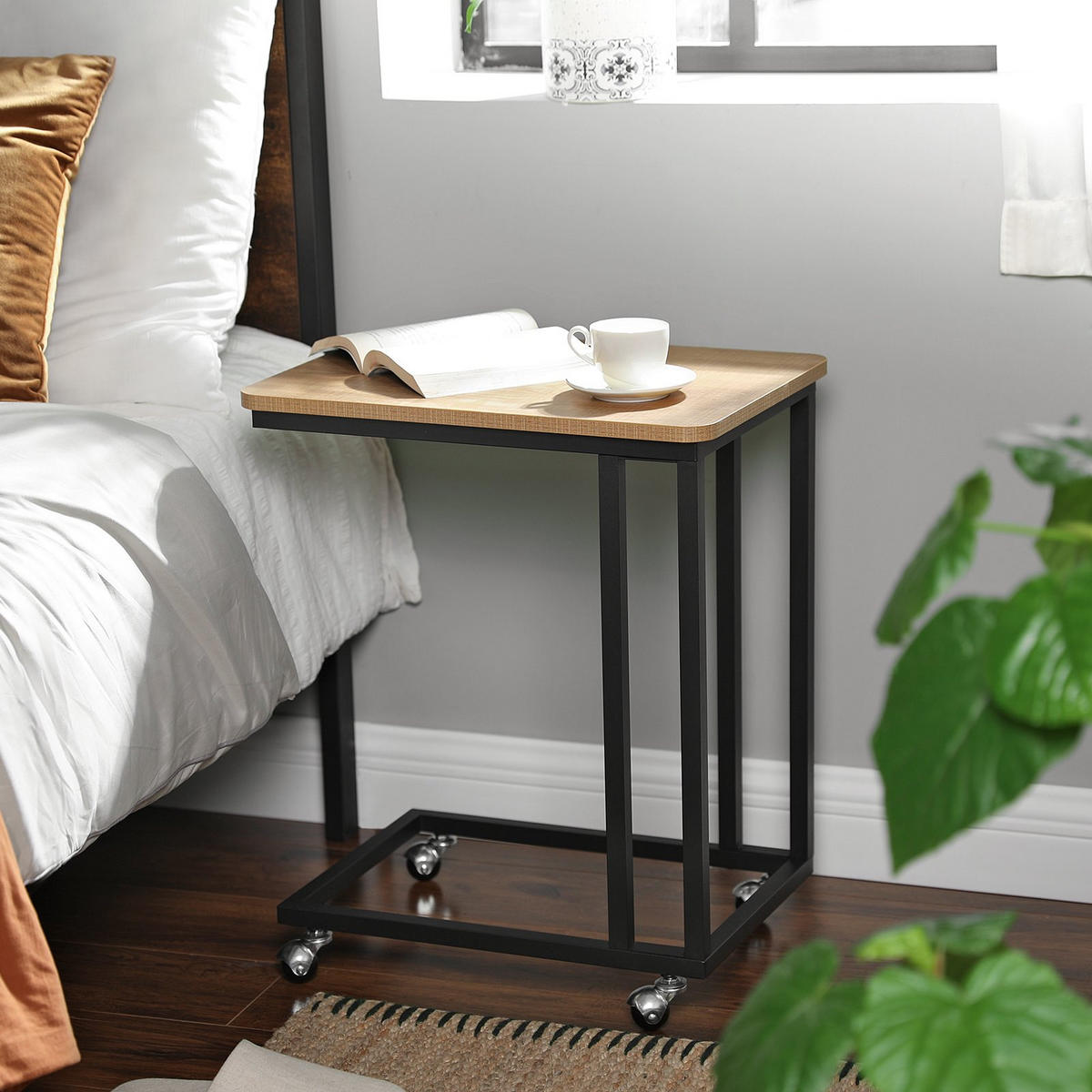 BEISTELLTISCH Metall Holzoptik Honigbraun Shcwarz auf Rollen 55/35/62 cm - Schwarz/Honig, Holzwerkstoff/Metall (50/35/60cm) - Begryf