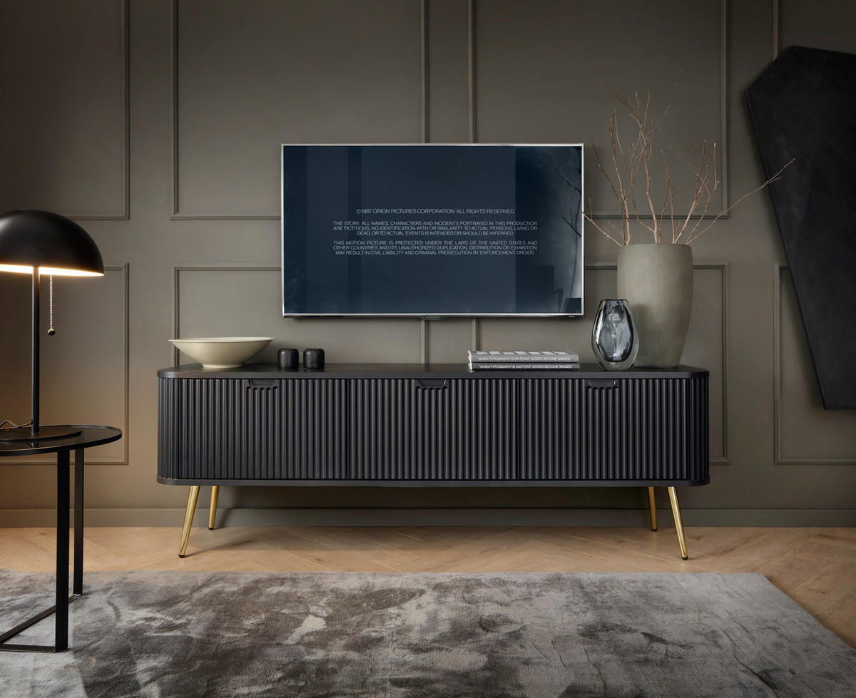 TV-BOARD PORTO (Oval, Rillenfront, Schwarz Matt, Goldene Füße) - Goldfarben/Schwarz, Holz/Holzwerkstoff (168/56/39cm) - Ravio