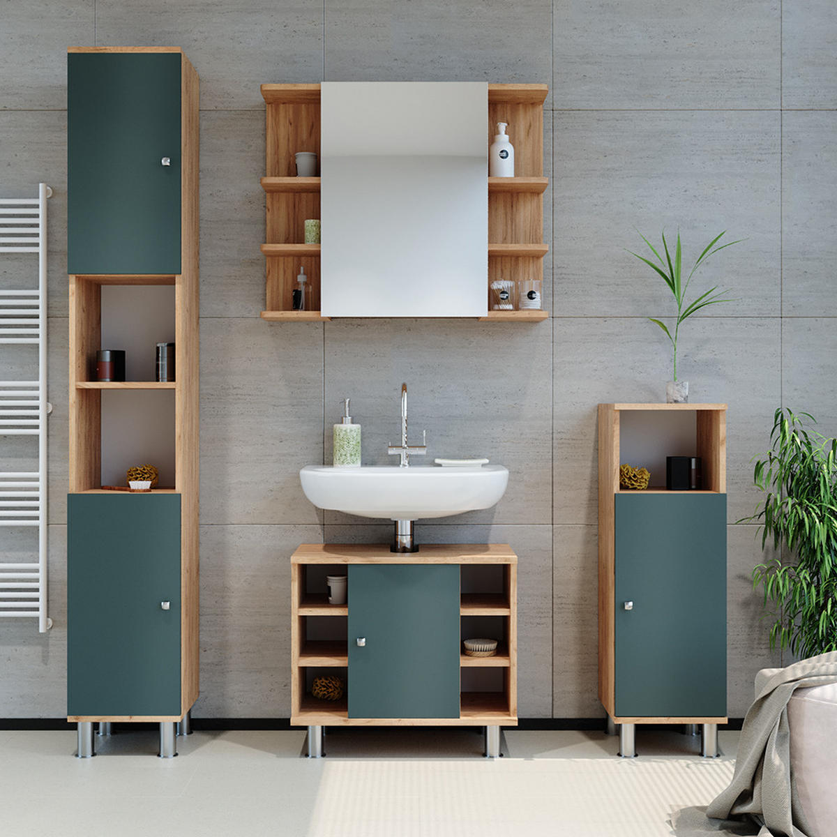 KOUPELNOVÁ SKŘÍŇKA Fynn Zlatý mocný dub - zelená barva, kompozitní dřevo (30/190/30cm) - Vicco