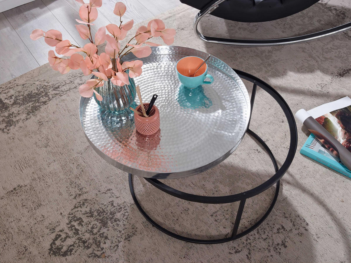 COUCHTISCH mit Hammerschlag-Struktur, abnehmbares Tablett, aus Aluminium und Eisen, Silber 62x62x36 cm - Silberfarben/Schwarz, Metall (62/62/36cm) - KADIMA DESIGN