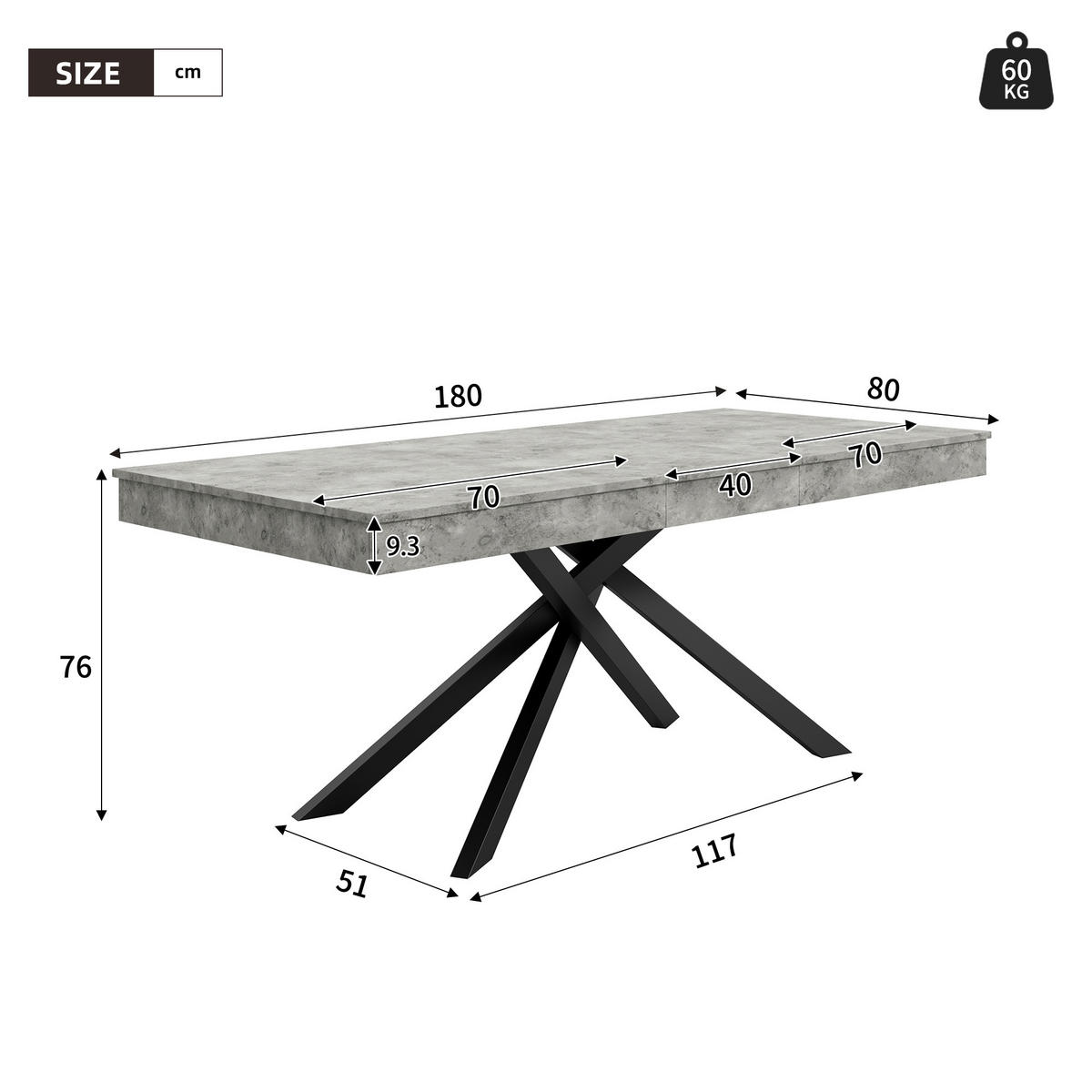 ESSTISCH in Grau ausziehbarer Küchentisch mit verdickter Tischplatte und Metallbeinen für Esszimmer ,B140-180/T80/H76cm - Schwarz/Grau, Holzwerkstoff/Metall (80/180/76cm) - STILVORA