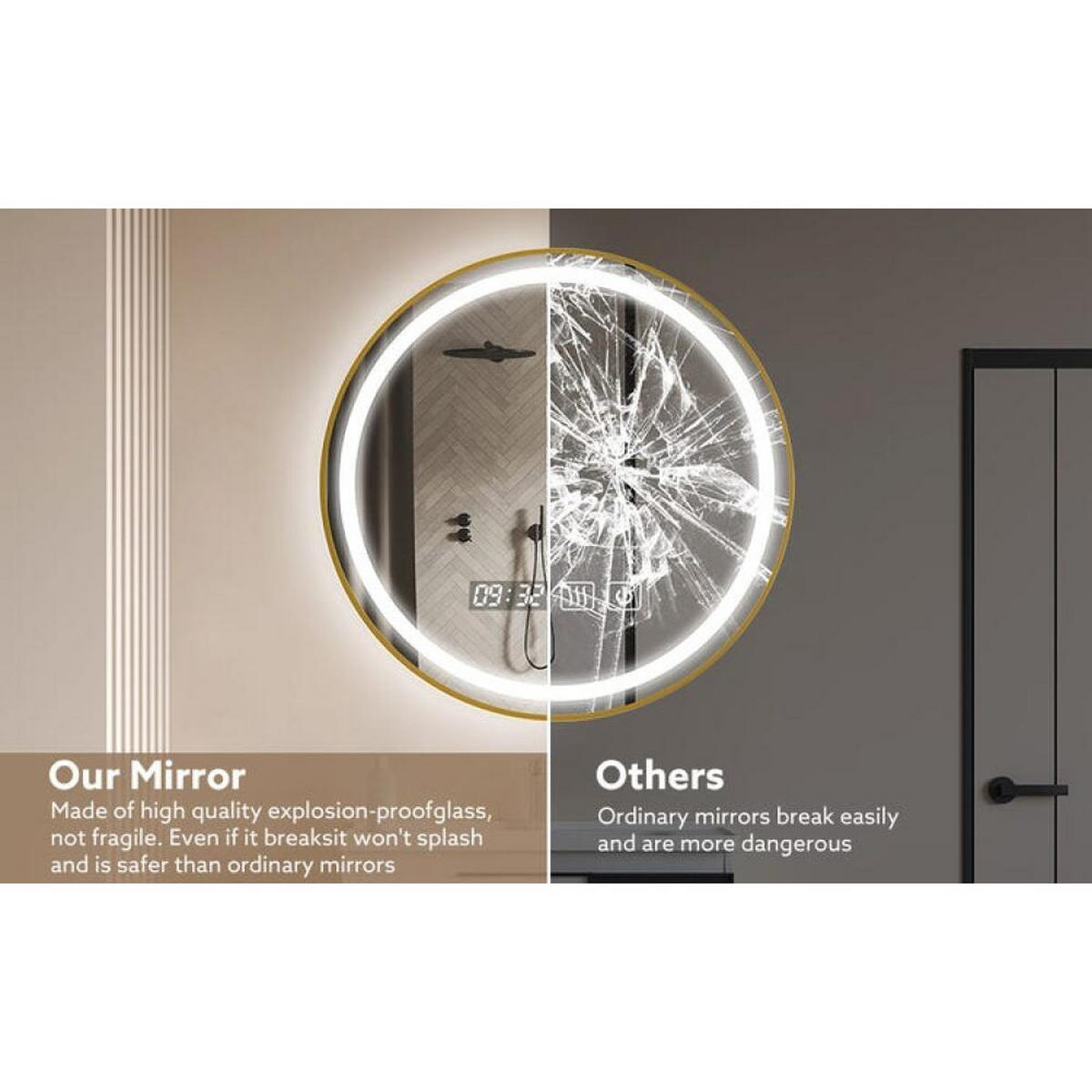 BADEZIMMERSPIEGEL– beschlagfrei, 60 x 60 cm, goldfarben, Drei Farbtemperaturen, Zeitanzeige - Goldfarben, Glas (60/2.8/60cm) - LIBRATON