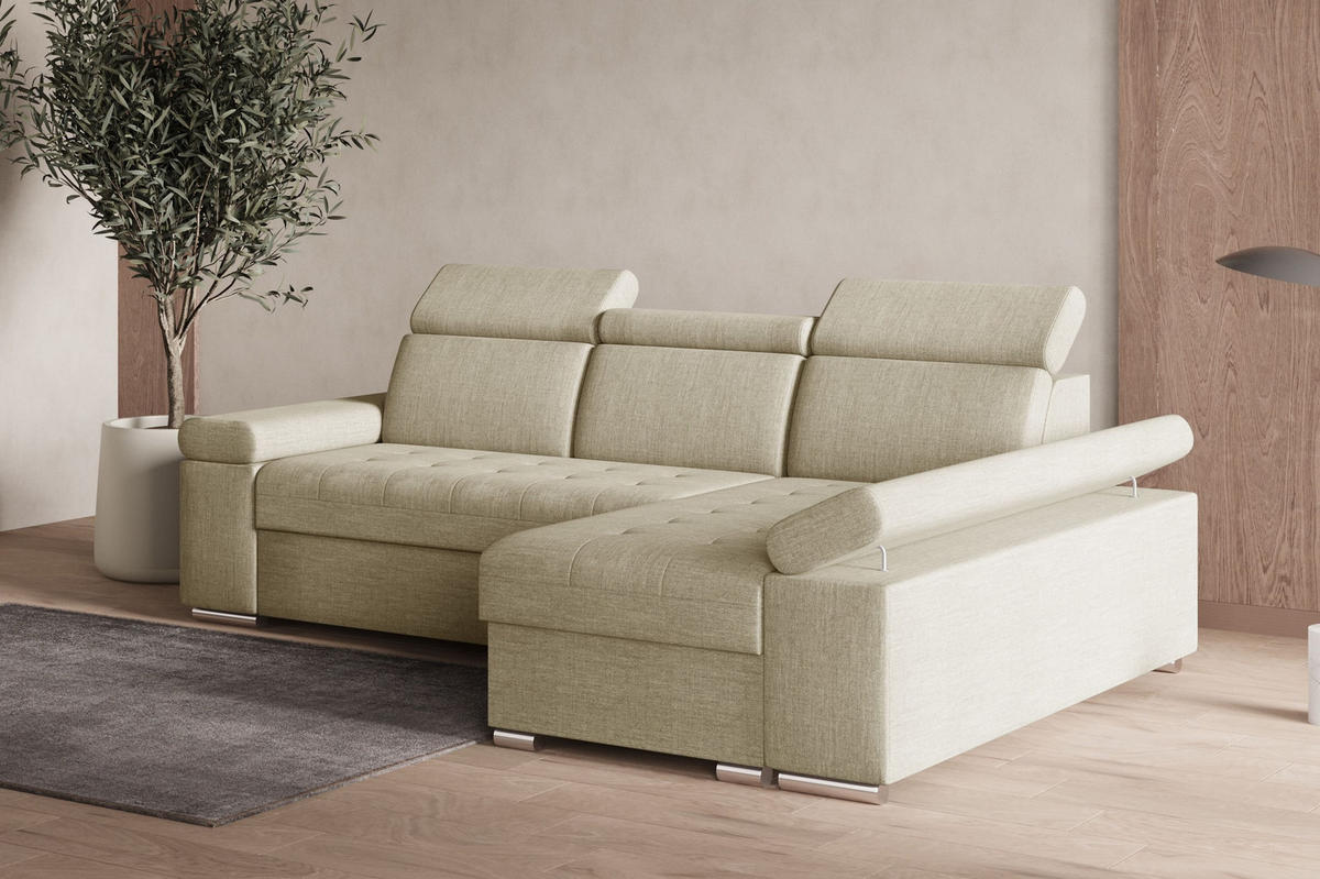 ECKSOFA mit Schlaffunktion Luka L Twist 01 - Beige - Links - Beige/Silberfarben, Holzwerkstoff (260/168cm) - Möblo