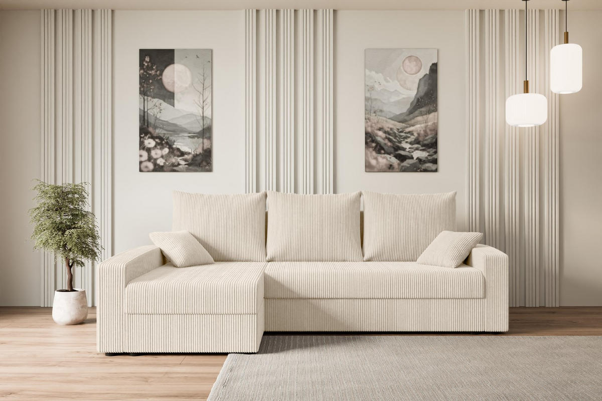 ECKSOFA mit Schlaffunktion und Bettkasten ALESIA-L 231x140x90 cm Beige Cord - Beige/Silberfarben, Holzwerkstoff/Kunststoff (231/140cm) - ALTDECOR