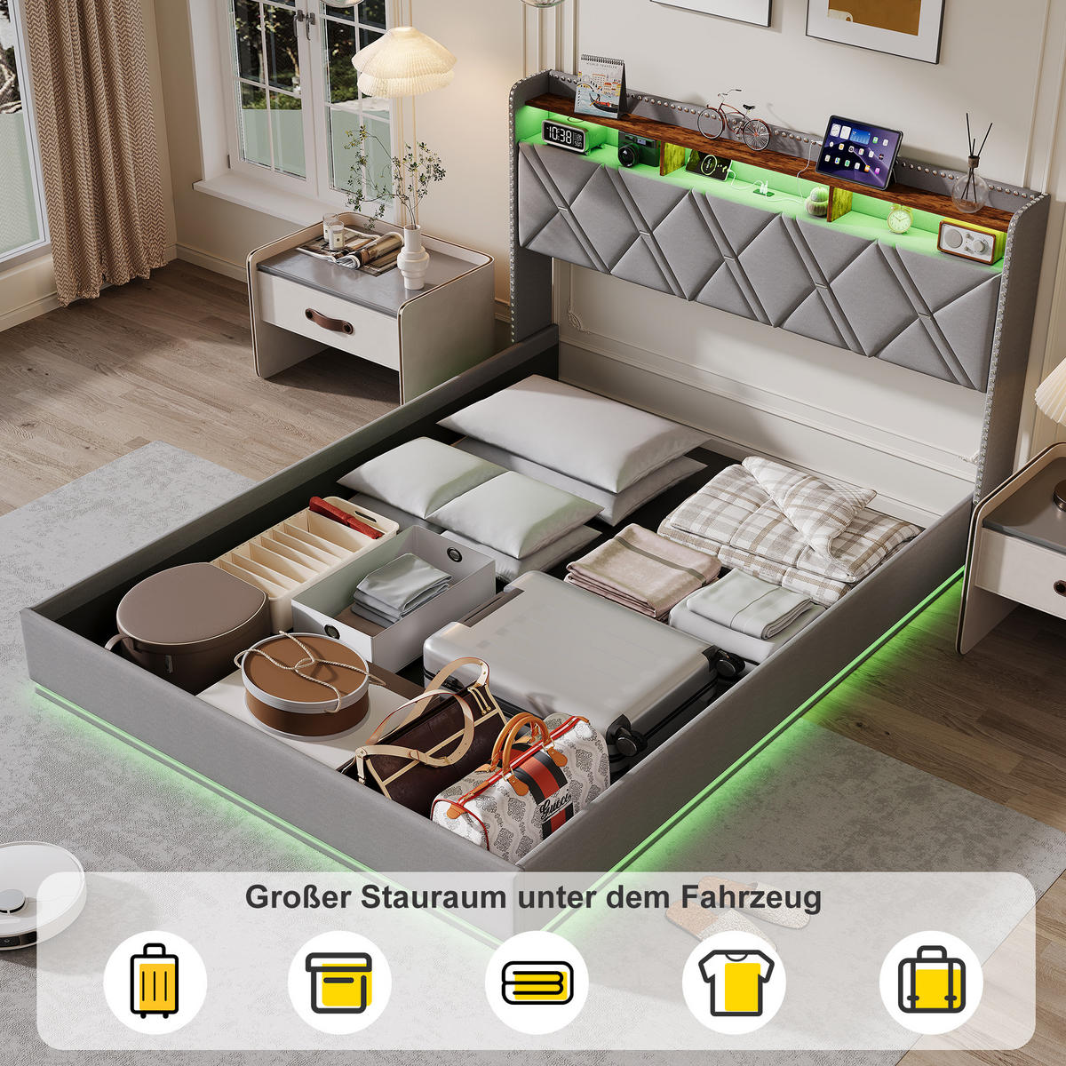 POLSTERBETT 160/200 cm Grau mit hydraulischem Stauraum, LED mit Ablage und USB - Grau, Metall (160/200cm) - EuroLiving