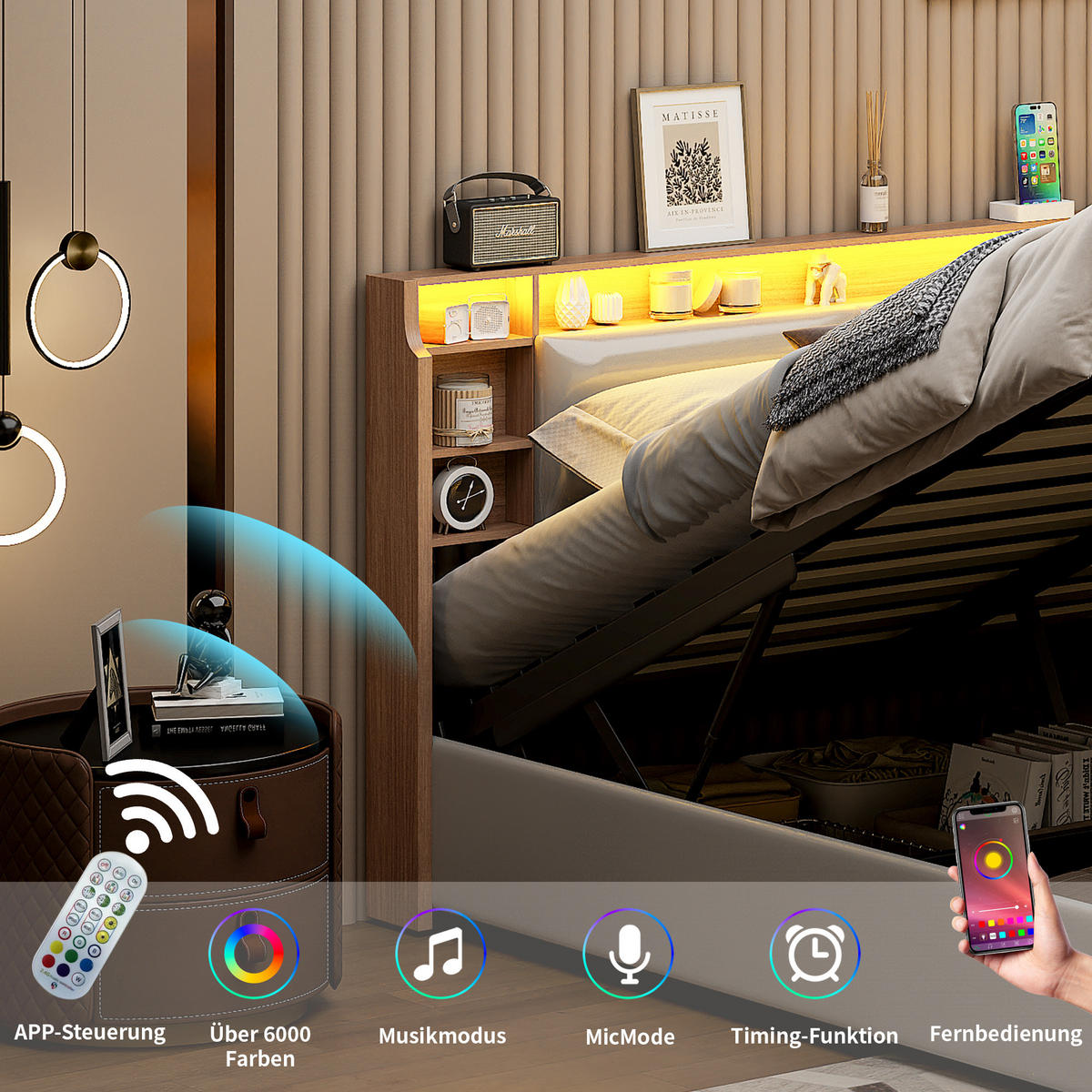 POLSTERBETT 140x200 cm, Weiß, LED-Beleuchtung - Weiß, Textil/Metall (140/200cm)