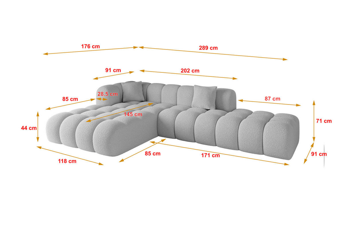 ECKSOFA Ottomane Links OLEA-L2 - 289x176x71 cm Hellgrau - Hellgrau/Schwarz, Holzwerkstoff/Kunststoff (190/309cm) - ALTDECOR