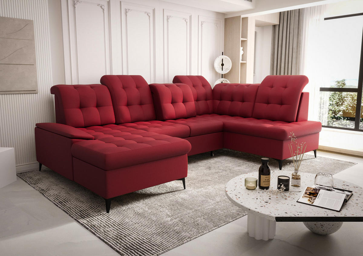 WOHNLANDSCHAFT KONGO RBN17, Eckcouch in U-Form mit Schlaffunktion, Farbe: Rot, Kunstleder, Ottomane Links - Rot, Textil (343/107/210cm) - O-Sofa