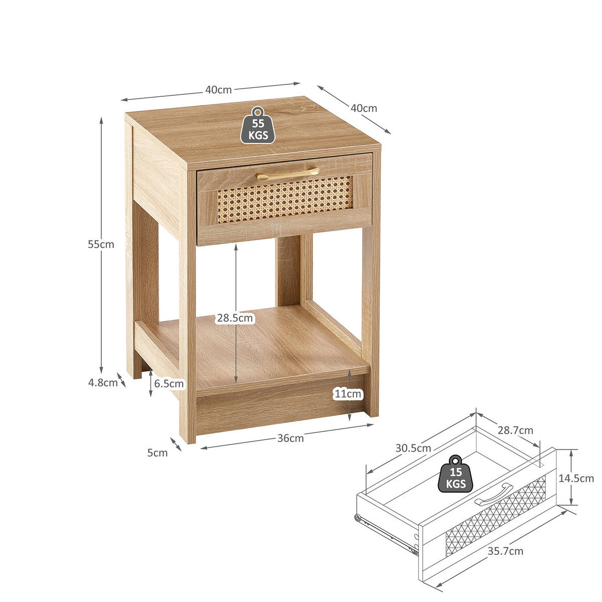 BEISTELLTISCH 40/40/55cm Rattan Nachtisch mit Schublade,Naturfarben - Naturfarben, Holz (40/40/55cm) - LVHOM