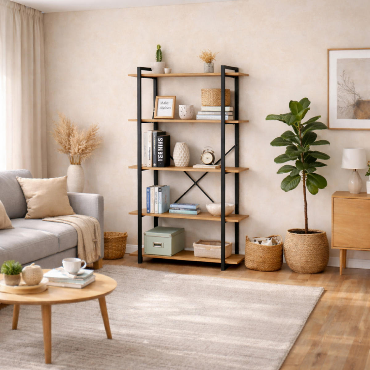 REGAL Tydo Eiche und Schwarz 5 Ablagefächer 150 cm - Braun, Holzwerkstoff (80/150/34cm) - Concept Usine