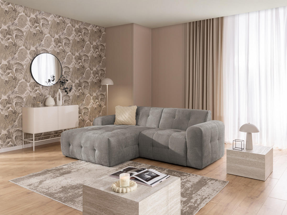 ECKSOFA Kozy im Bumpy-Design mit fester Rückenlehne aus weichem Taupe Chenille-Stoff - Ottomane links - Taupe/Schwarz, Holz/Kunststoff (161/234cm) - S-Style Möbel