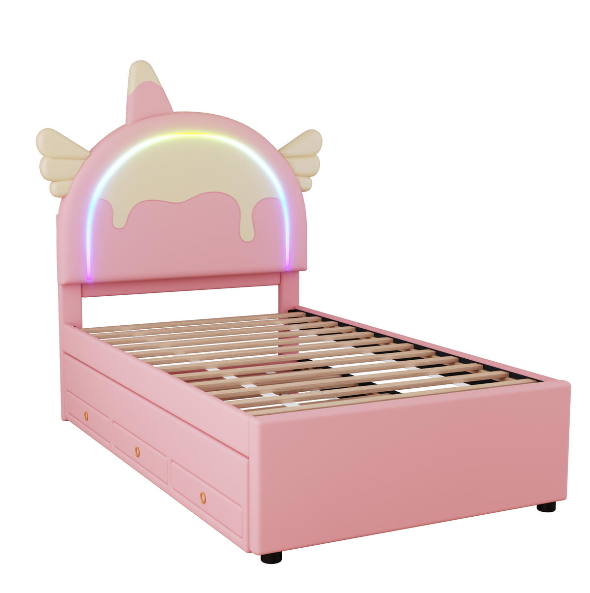 KINDERBETT aus PU 90x200 cm Rosa mit ausziehbarem Rollbett und Schubladen, Einhorn-Design - Rosa, Kunststoff (90/200cm) - Modfu