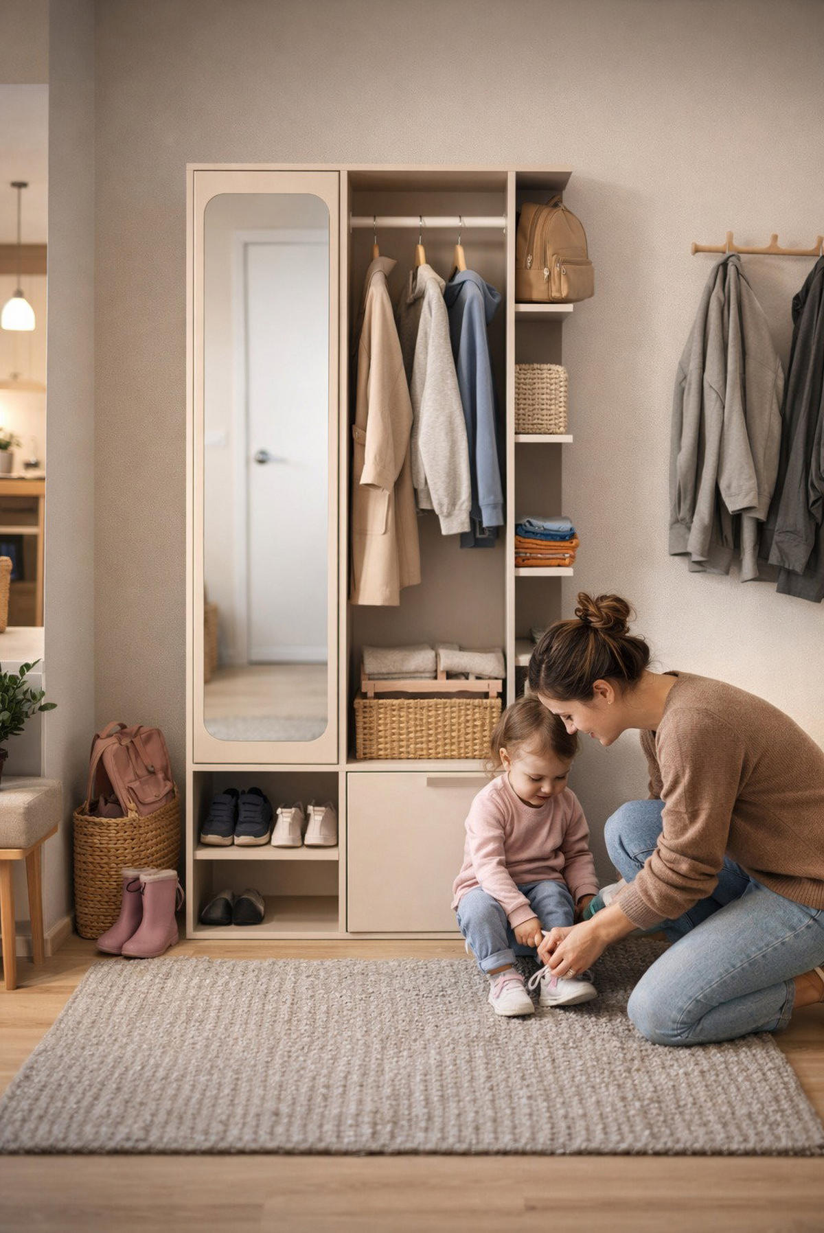 GARDEROBE Mela mit Spiegel, Sitzbank & Kleiderstange – 100/189/33 cm – Kaschmir - Kaschmir/Beige, Holzwerkstoff/Metall (100/189.4/33cm) - WFL GROUP