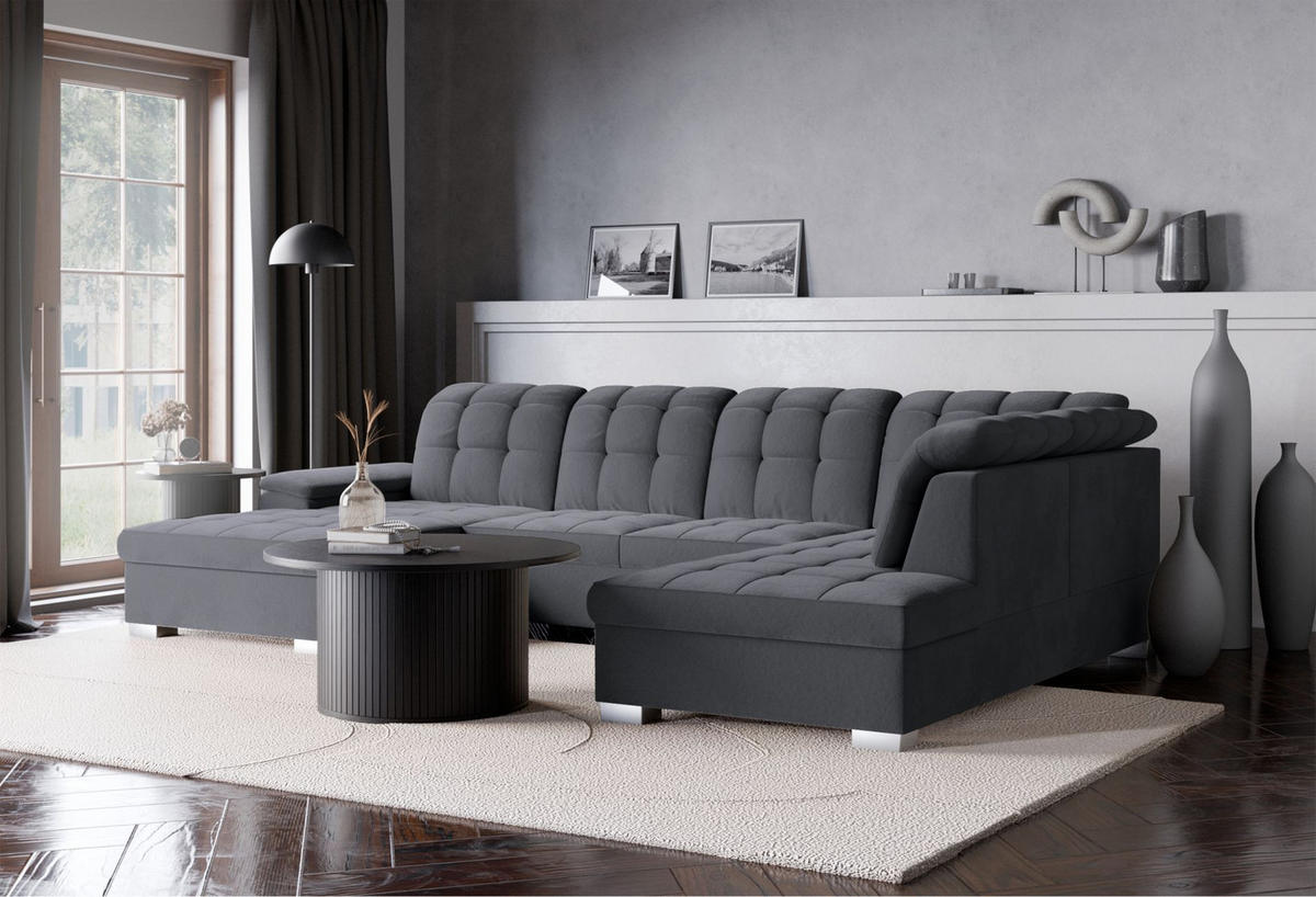 WOHNLANDSCHAFT Jamaal Dunkelgrau Velours linksseitig - Dunkelgrau/Schwarz, Textil (330/106/212cm) - Selsey