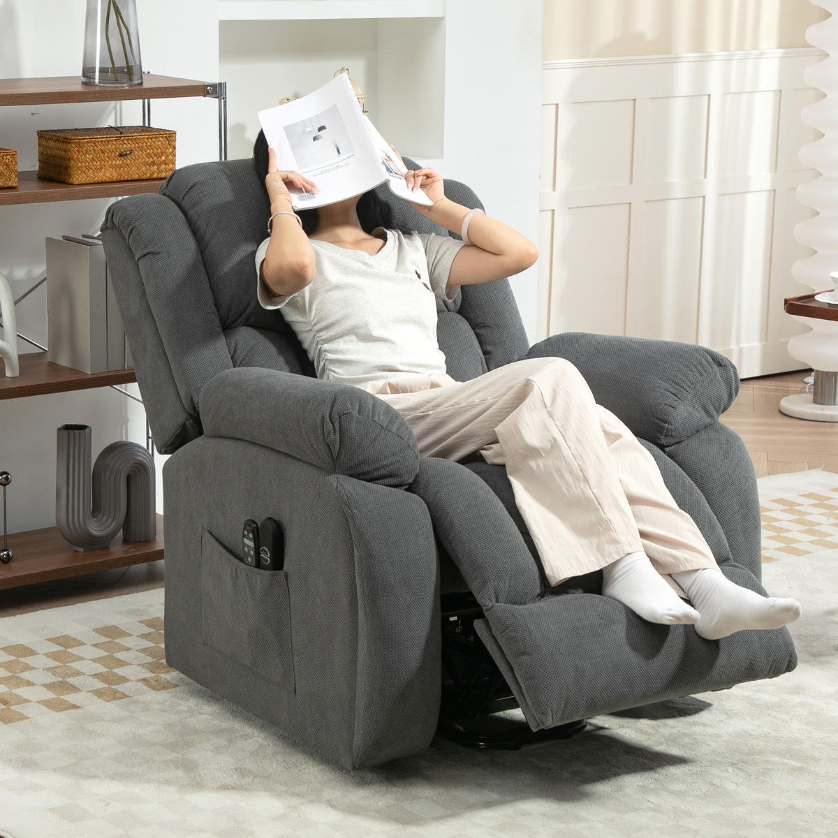 FERNSEHSESSEL mit Aufstehhilfe, Relaxsessel mit Liege-, Massagefunktion, Grau - Grau, Textil (104/100/93cm) - HOMCOM