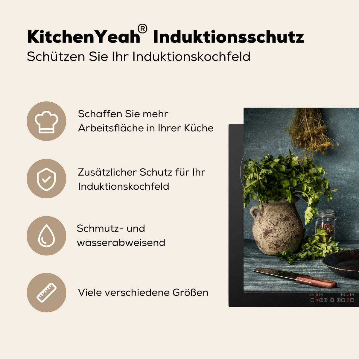 HERDABDECKPLATTE Kräuter - Gewürze - Pfanne - Messer - Grau - Rustikal 71x52 cm - Petrol, Kunststoff (71/0.2/52cm) - MuchoWow