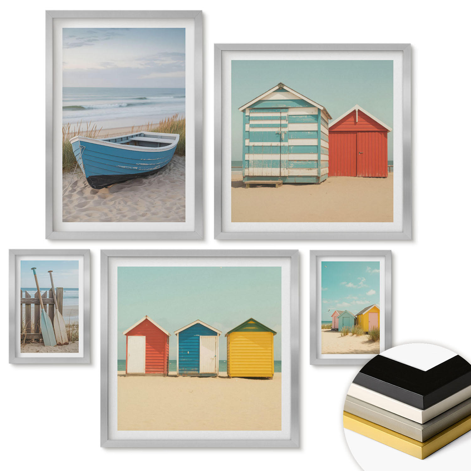 WANDBILDER 5er Set - 50x50 cm & 20x30 cm & 40x60 cm Silberner Rahmen - Farbenfrohe Berge und Küstenstädte - Silberfarben, Kunststoff (40/60cm) - ArtPrintCave