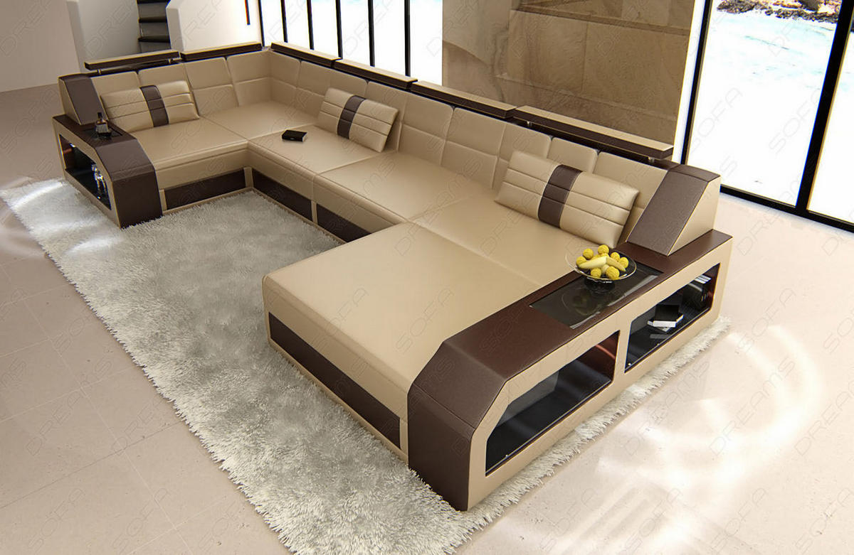 WOHNLANDSCHAFT Arezzo U - Beige, Leder (380/86/197cm) - Sofa Dreams