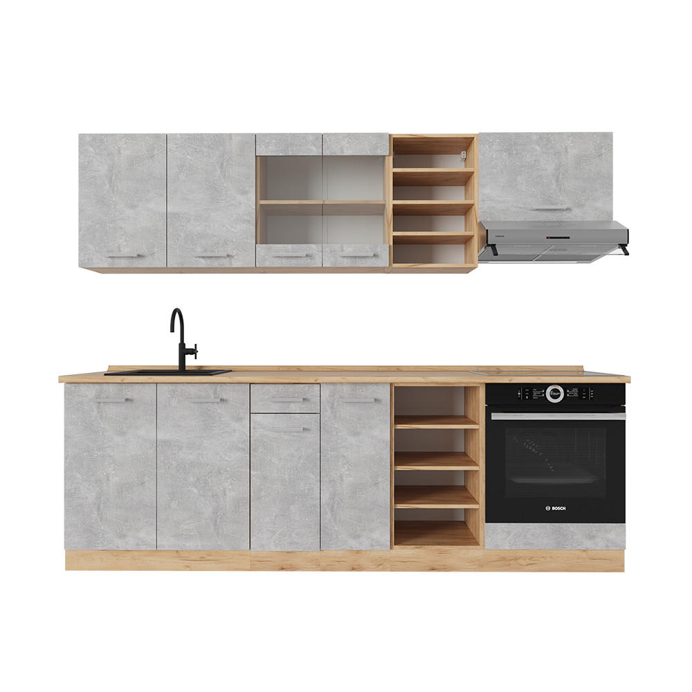 KÜCHENZEILE R-Line Beton/Goldkraft Eiche 240 cm ohne Arbeitsplatte - Schieferfarben/Eiche Wotan, Holzwerkstoff (240/81.6/46cm) - Vicco