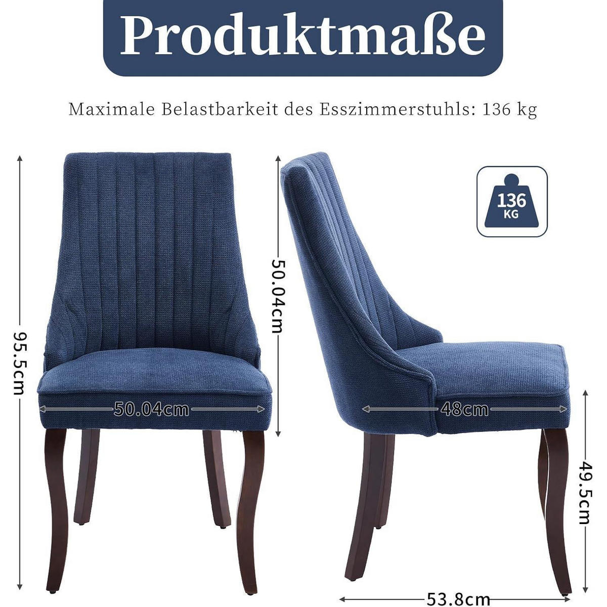 ESSZIMMERSTÜHLE 4er Set Stoff Blau mit Channel-Steppung und Massivholzbeinen - Blau, Textil (50/95.5/53.8cm)