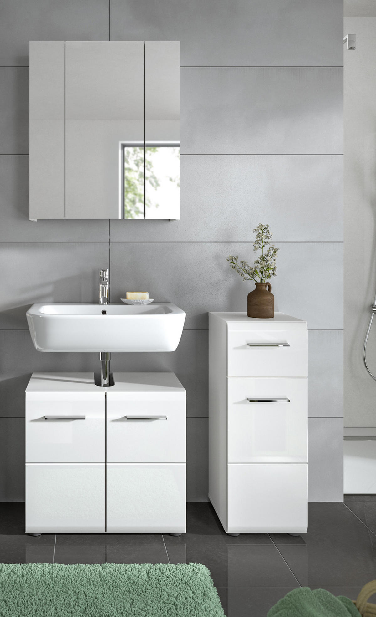 BADMÖBEL-SET 3-teilig weiß Hochglanz, Badkombination 105 x 185 cm - Weiß Hochglanz/Silberfarben, Glas/Holzwerkstoff (105/185/30cm) - Inn.Furn