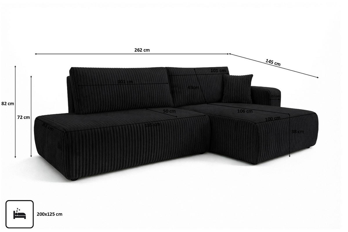ECKSOFA Mit Schlaffunktion Und Bettkasten, Cordstoff Tilia, Schwarz, Rechts, OPEN XL - Schwarz, Holz (262/145cm) - Kaiser Möbel