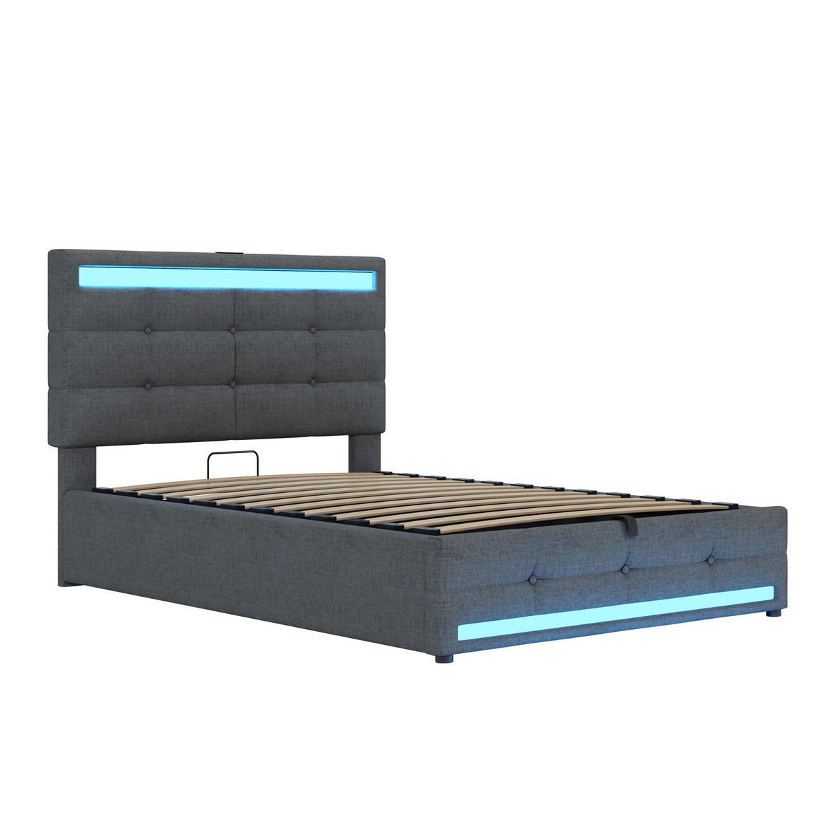 POLSTERBETT aus Stoff 90x200 cm in Grau mit LED & USB-Anschlüssen - Grau, Textil (90/200cm) - Modfu