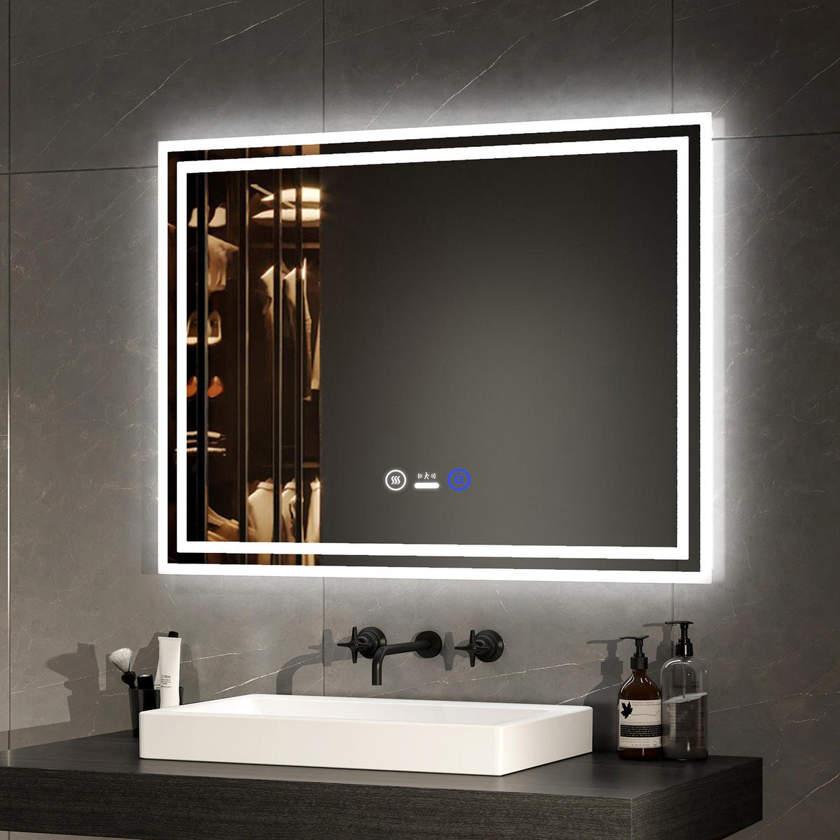 BADSPIEGEL mit Beleuchtung mit Bewegungssensor, 80/60/3,5 cm - Weiß, Glas (60/3.5/80cm) - EMKE