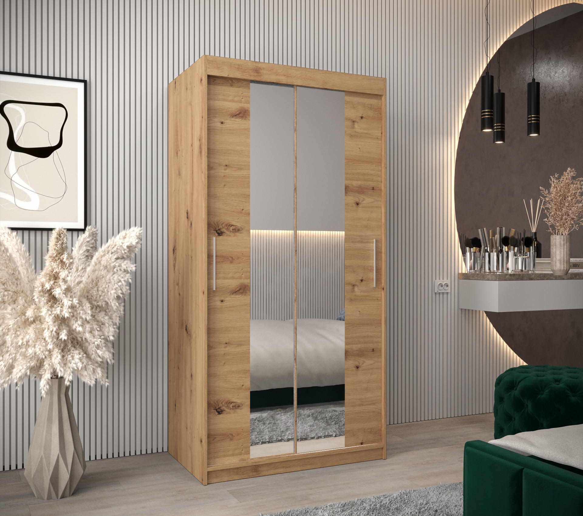 SCHWEBETÜRENSCHRANK 200/100/62 2-türig - Silberfarben/Eiche Artisan, Holz/Kunststoff (100/200/62cm) - MÖBEL KRYSPOL