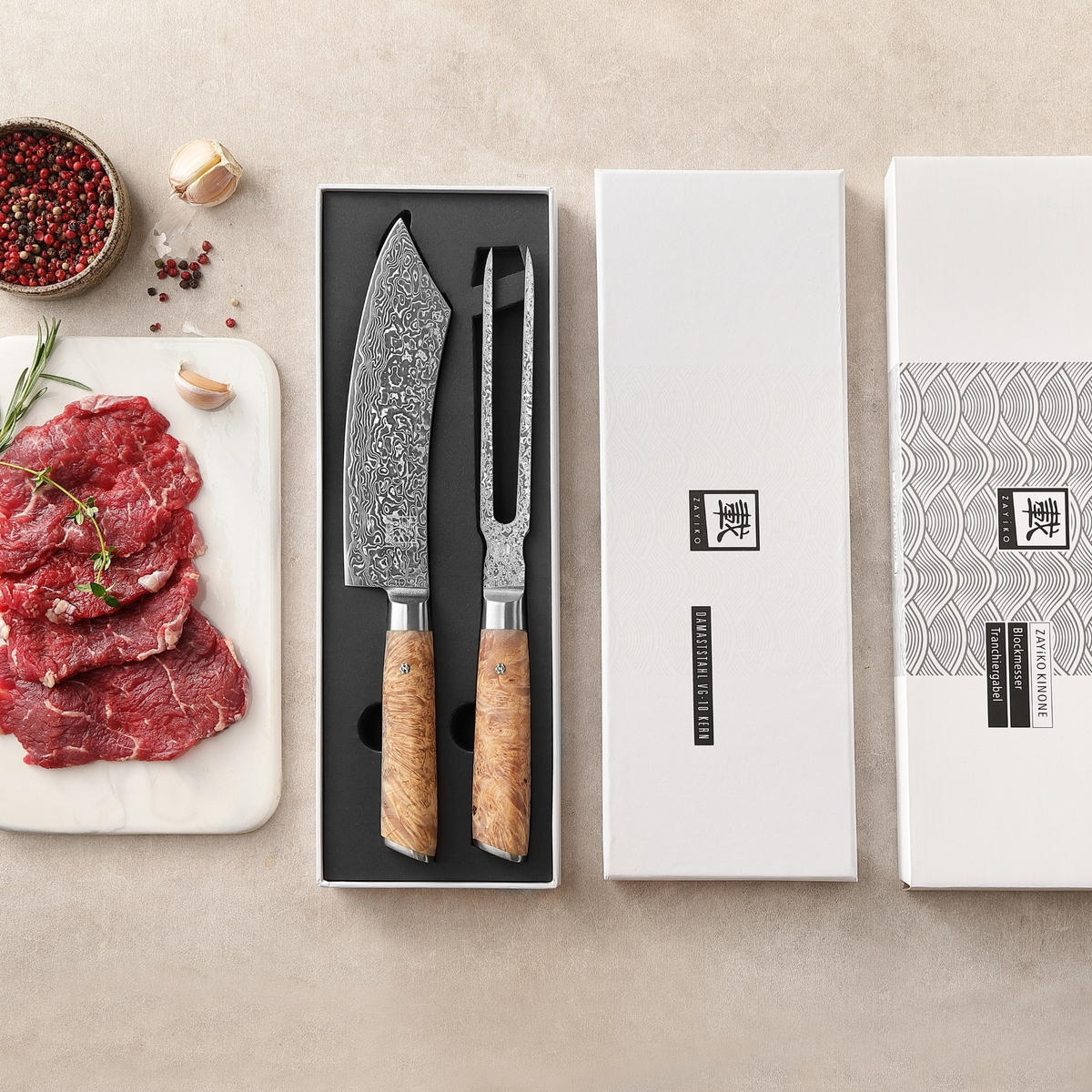 TRANCHIER-SET 2-TEILIG 18–19,5 cm - Birkefarben, Holz/Metall (34cm) - Zayiko