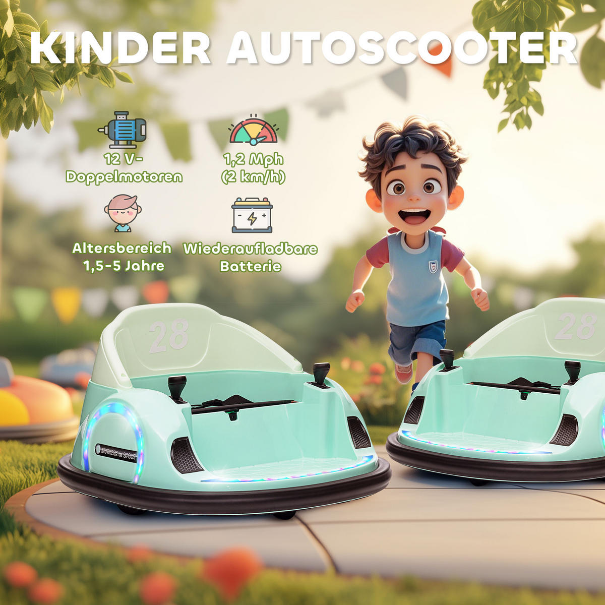 12V Kinder Autoscooter mit 2,4 G Fernbedienung, Elektro Bumper mit Musik - Grün, Kunststoff (66.5/64.5/39cm) - AIYAPLAY