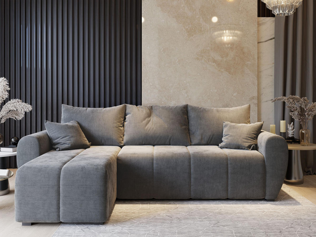 ECKSOFA MADISON Schwarz Plüsch-Stoff mit Schlaffunktion - Schwarz, Holz (246/143cm) - MASSENO