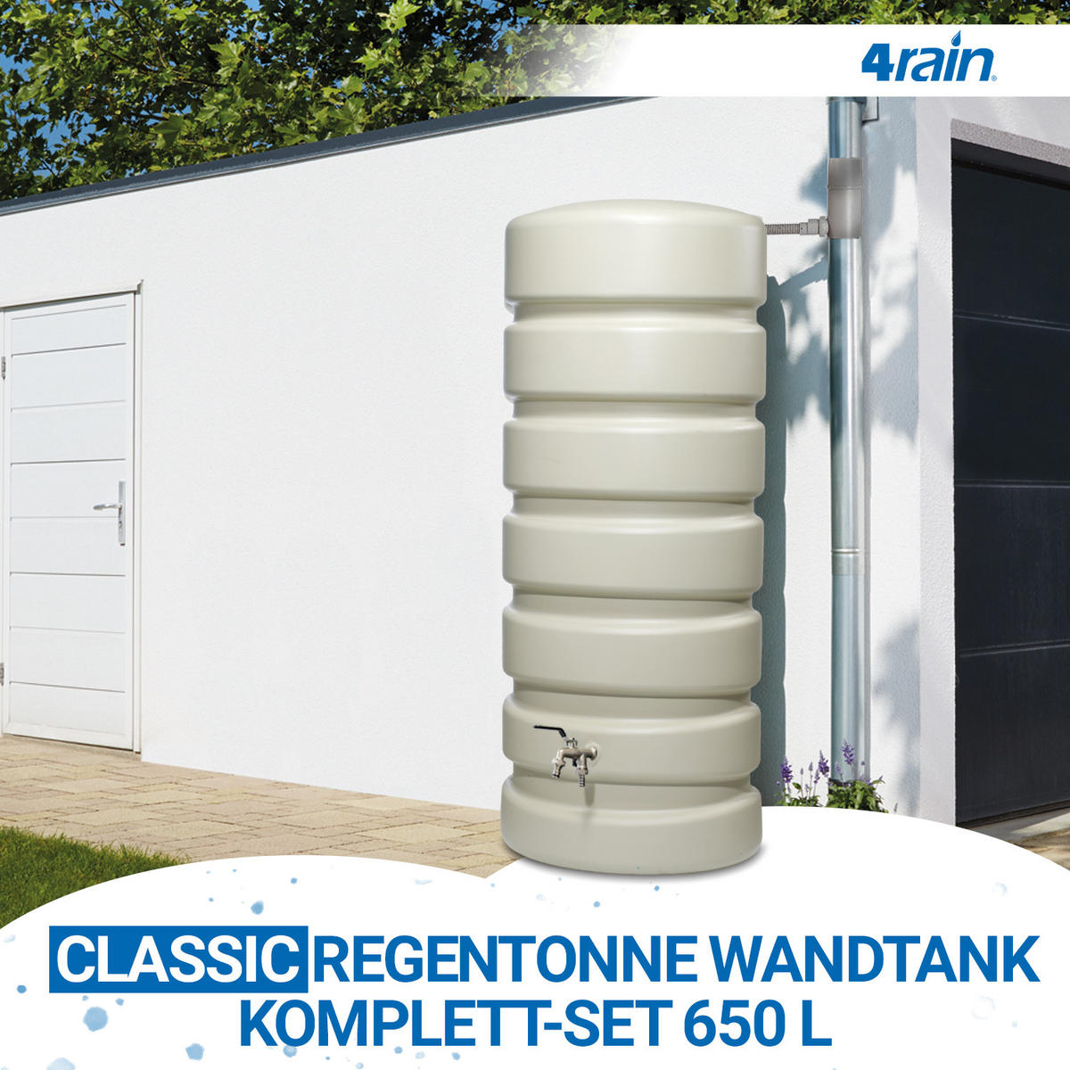 REGENTONNE Wandtank Komplett-Set 650 L, sandbeige inkl. Chrom-Doppelauslaufhahn und Fallrohranschluss - Beige, Kunststoff (80/192/60cm) - 4rain